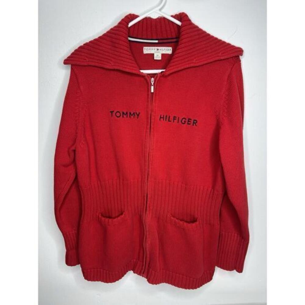 Vintage Tommy Hilfiger Full Zip Red Knitted Tube Sweater Womens Size 2x